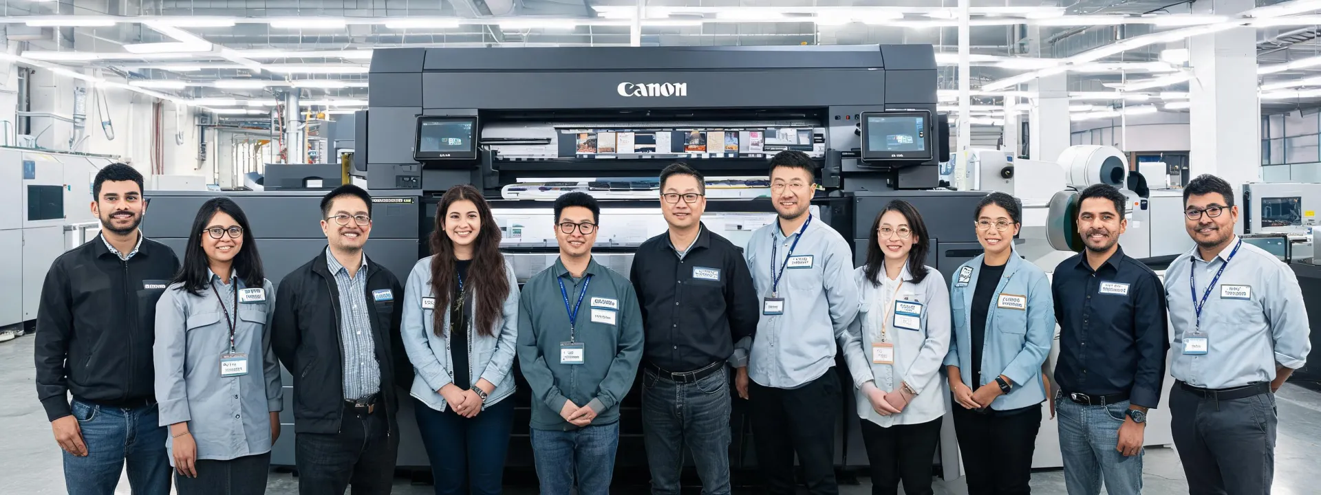 Canon production print team standing in front of sheetfed printer