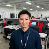 Print plant owner standing near production printer