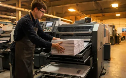 Commercial print operator pulling catalog signature