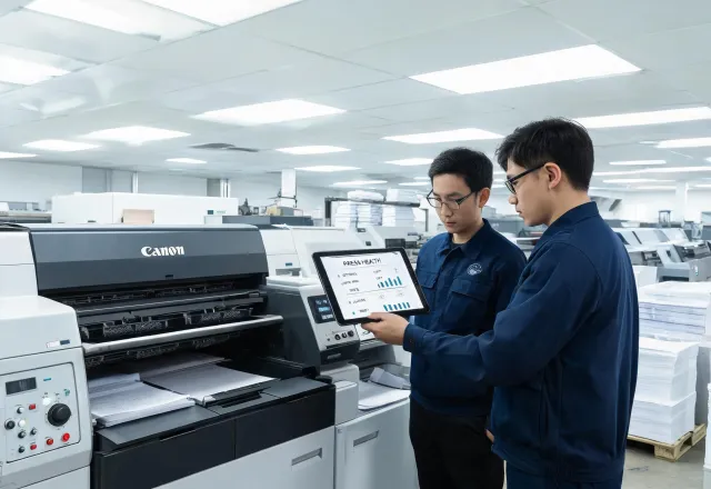 Production print line with operators reviewing a Canon service report